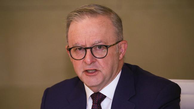 Prime Minister Anthony Albanese speaks virtually before a National Cabinet on gender-based violence on Wednesday. Picture: Gaye Gerard/Pool/Getty Images