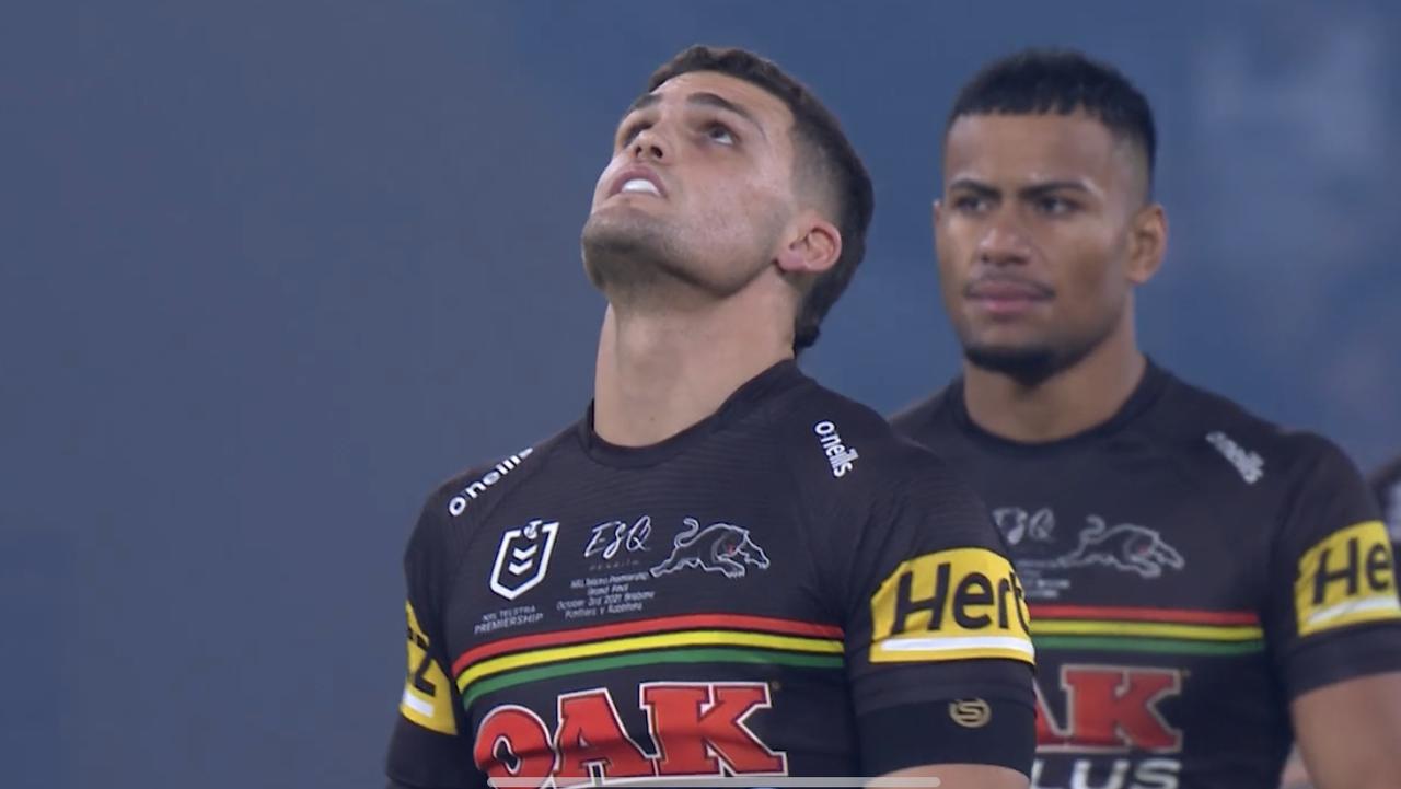 Nathan Cleary looks to the skies before the 2021 NRL grand final.