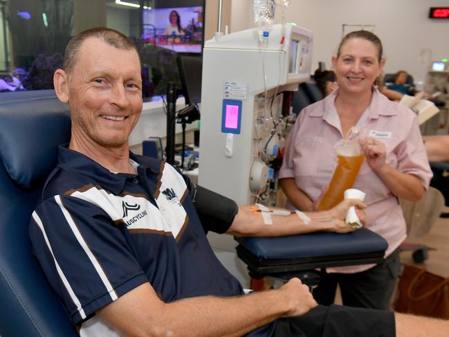 Nick Verhoeven, with Rgegistered Nurse Mel McCormick, donates plasma at the Townsville Lifeblood Donor Centre at Domain. Picutre: Evan Morgan