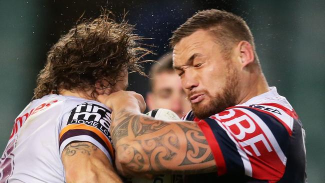 SYDNEY, AUSTRALIA — JUNE 03: Jared Waerea-Hargreaves of the Roosters is tackled during the round 13 NRL match between the Sydney Roosters and the Brisbane Broncos at Allianz Stadium on June 3, 2017 in Sydney, Australia. (Photo by Matt King/Getty Images)