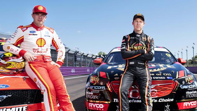 Shell V-Power Racing Team's Scott McLaughlin, Penrite Racing's David Reynolds and Red Bull Holden Racing Team's Jamie Whincup on the Tarmac at Hidden Valley Race Course ahead of this Weekend's BetEasy Darwin Triple Crown, Thursday, June 13, 2019 Picture: KERI MEGELUS