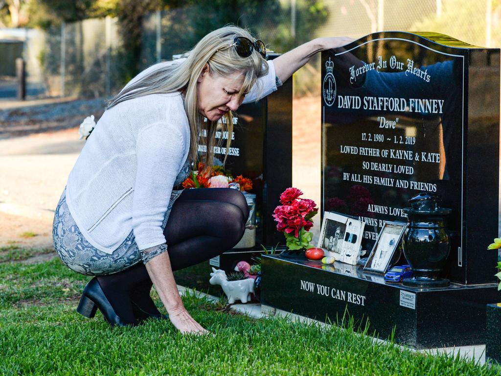 Julie-Ann Finney visits the grave of her son David who took his own life after a distinguished career in the Australian Navy. Picture: NCA NewsWire / Brenton Edwards