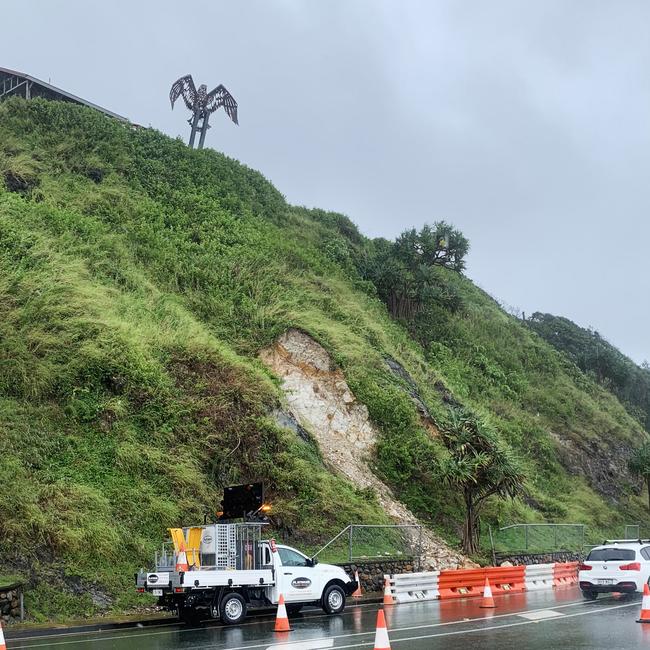 A small landslide at Kirra Hill Coolangatta has caused a lane of traffic to be blocked when debris crashed through fencing and onto the roadway. NCA NewsWire / Scott Powick