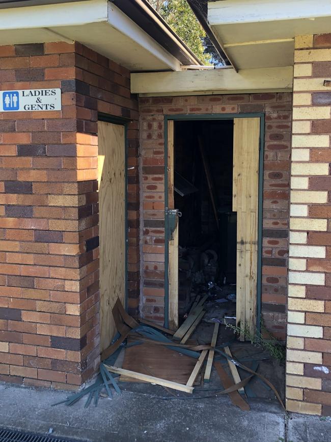 Vandals have kicked in a door at the former North Manly Bowling Club. Picture: Jim O'Rourke