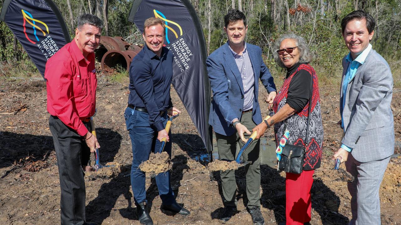 Battery Factory sod turning. Member for Maryborough Bruce Saunders (left), Deputy Premier Steven Miles, ESI Managing Director Stuart Parry, Aunty Elaine and Fraser Coast Mayor George Seymour. Photo: Fraser Coast Regional Council.