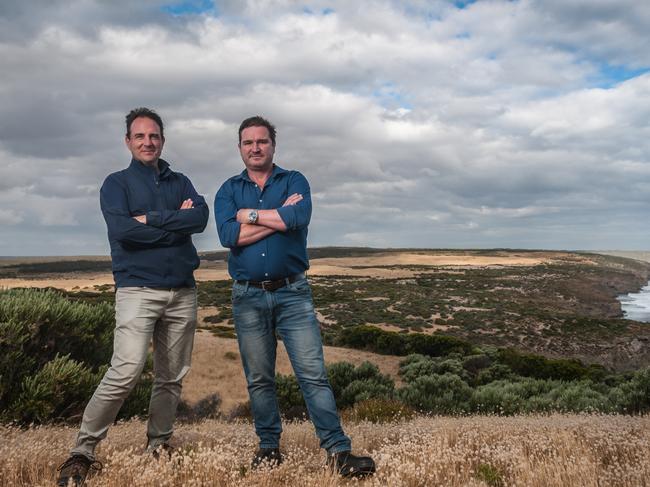 Kangaroo Island Site of The Cliffs designer golf course currently due to open Feb 2022 In shot are (L) Darius Oliver, course designer, and Sam Atkins (R) CEO.  Picture - Sean McGowan