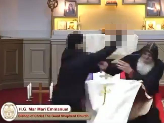 Blurred footage for the 15 year old boy who stabbed the Bishop Mar Mari Emmanuel during a service.at The Good Shepard Church in Sydney last night. Picture: Twitter