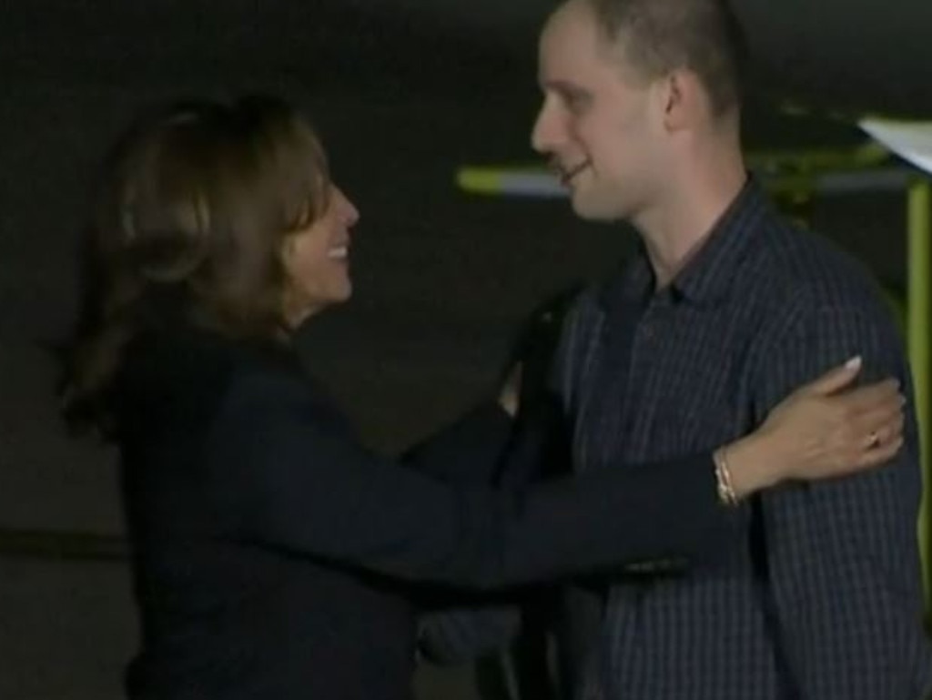 Screenshot of Evan Gershkovich and Kamala Harris has he disembarked the jet. Picture: ABC News