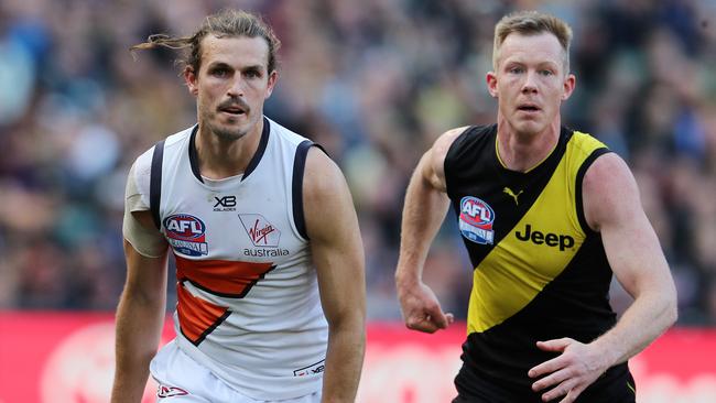 Phil Davis had a tough outing against Jack Riewoldt on Saturday. Picture: Michael Klein.