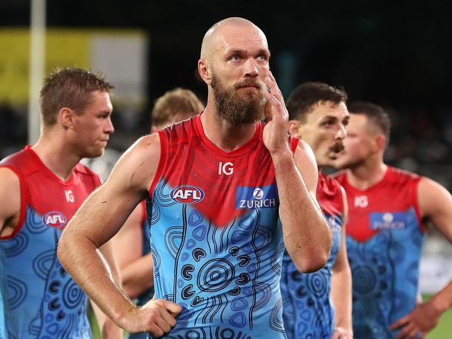 ADELAIDE, AUSTRALIA – MAY 19: Max Gawn of the Demons after the loss during the 2023 AFL Round 10 match between Yartapuulti/Port Adelaide Power and Narrm/Melbourne Demons at Adelaide Oval on May 19, 2023 in Adelaide, Australia. (Photo by Sarah Reed/AFL Photos via Getty Images)