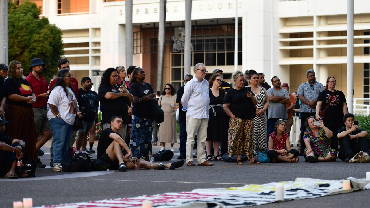 Hundreds of Top End residents gathered outside the NT Parliament on Wednesday for a vigil for Kumanjayi White, a 24-year-old Warlpiri man with a disability who died after being restrained by police in the Alice Springs Coles. Picture: Zizi Averill