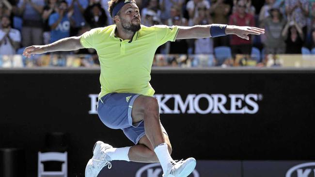 Jo-Wilfried Tsonga celebrates his win over Denis Shapovalov. Picture: Dita Alangkara