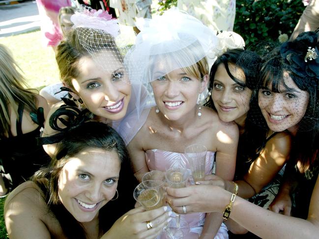 Celebrating her Hen's Day Sarah Rooney (centre) with her girlfriends Andrea Marsh, Aliki Haros, Valerie Ferre and Stacey Antonopoulos at Derby Day 2004.