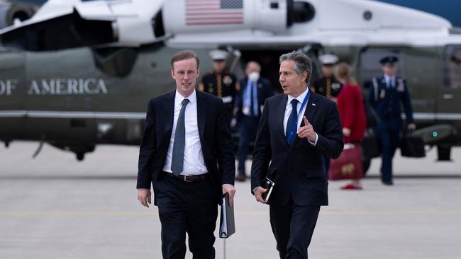 US National Security Adviser Jake Sullivan (L) and US Secretary of State Antony Blinken speak as they walk to Air Force One at Munich Airport on June 28, 2022, after a G7 summit and enroute to Madrid for a NATO summit.