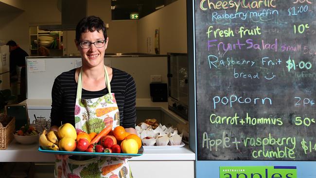 For Sun Tas. Rachel Chilcott canteen manager standing in front of the canteen with some of the healthy options available. Healthy eating for kids at Albuera Street Primary School. Picture Nikki Davis-Jones