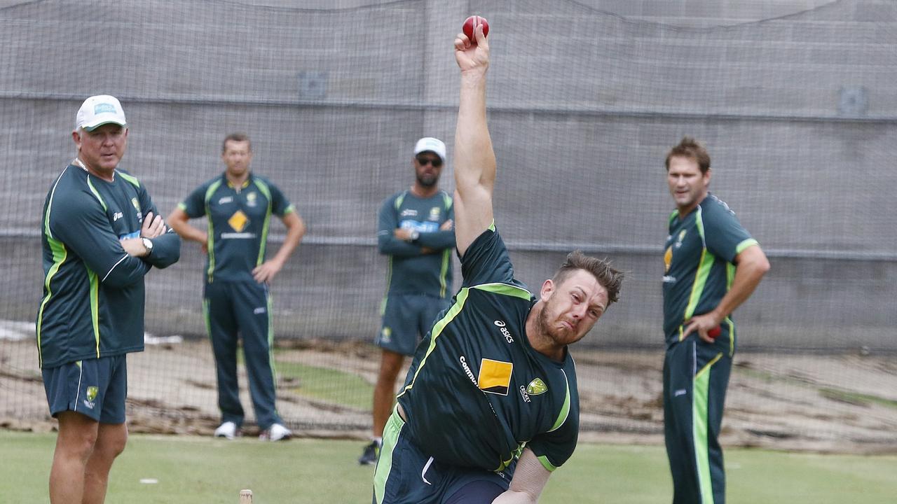 AUSSIE CRICKET TRAINING Shane Watson after being hit in the nead by Jame Pattinson in the nets Picture:Wayne Ludbey