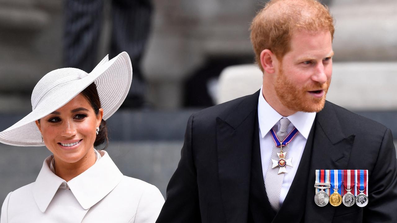 Prince Harry and Meghan Markle stayed with their children in Windsor, alongside the Queen, to watch the Platinum Party on television. Picture: Getty Images