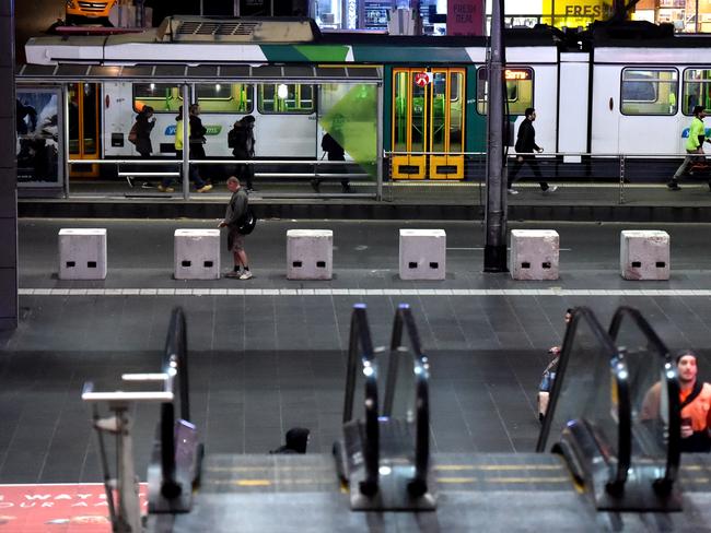 These bollards separate Spencer St from entrances to Southern Cross train station. Picture: Nicole Garmston