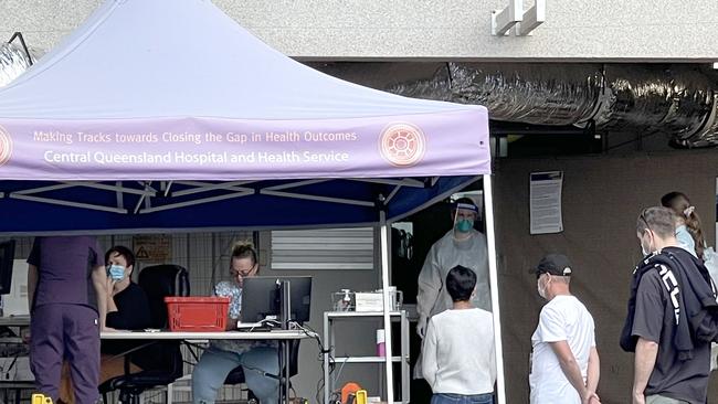 A queue at Gladstone Base Hospital for Covid testing on Friday.