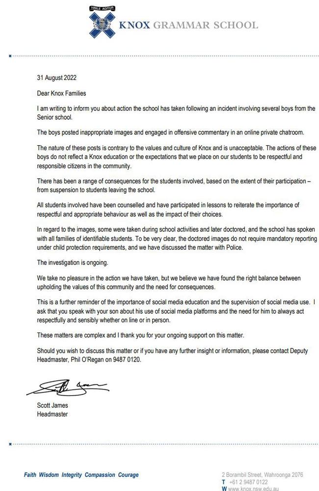 A letter from Knox Grammar Headmaster, Scott James. Picture: Supplied