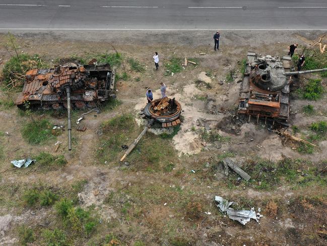 Destroyed Russian armoured vehicles in Irpin, Ukraine. As Russia concentrates its attack on the east and south, residents of Kyivare returning to assess the damage. Picture: Getty Images