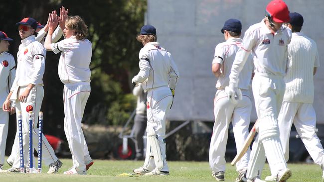 A dejected Will Patton departs after being bowled by East Torrens’ Campbell Thompson. His Adelaide side began the season with optimism but is yet to record a win. Picture: Dean Martin