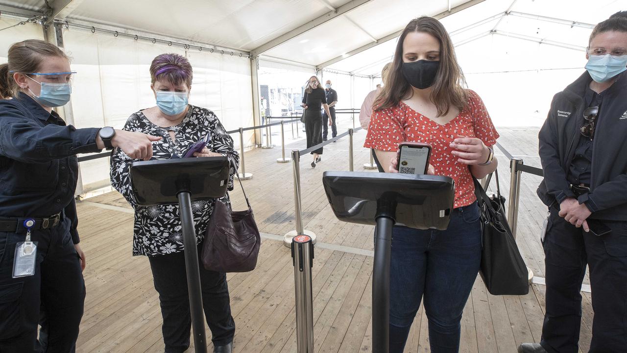 Mock up trial run for changes to arrivals at Hobart Airport for December 15, Biosecurity Tasmania check-in. Picture: Chris Kidd