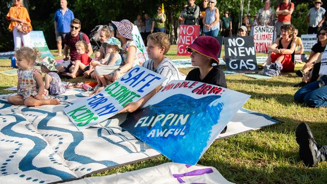 More than a hundred gathered to protest Middle Arm ahead of the second day of public hearings about the proposed development in Darwin. Picture: Pema Tamang Pakhrin