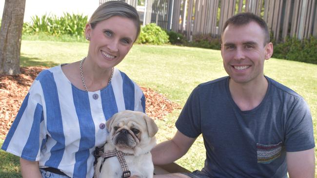 Ipswich 2023 Dog Day at Nicholas Street Precinct pictured is Amanda Lowry and Michael Evans with dog Theodore