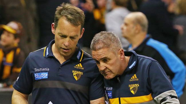 Hawks coach Alastair Clarkson with now Brisbane coach Chris Fagan. Picture: Colleen Petch