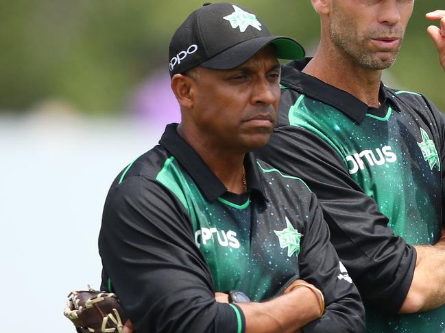 LAUNCESTON, AUSTRALIA - DECEMBER 08:  David Hemp, women's coach of the Stars and Dulip Samaraweera,  women's assistant coach look on during the Women's Big Bash League match between the Hobart Hurricanes and the Melbourne Stars at West Park on December 8, 2018 in Launceston, Australia.  (Photo by Scott Barbour/Getty Images)