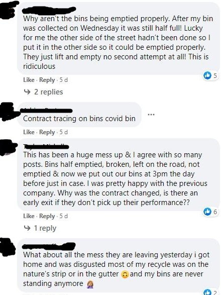 Rubbish collection complaints on Wyndham Council Facebook page. Screenshots taken Jan 12 2021. Council's post was made on on Jan 7.