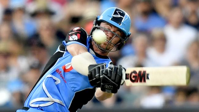 Travis Head of the Strikers hits a six during the Big Bash League match between the Adelaide Strikers and the Melbourne Stars at the Adelaide Oval in January 11, 2019. Picture: AAP Image/Sam Wundke