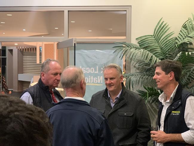 Barnaby Joyce and One Nation MLC Mark Latham with Nationals candidate Dave Layzell at his after-party in Singleton. Picture: Jessica McSweeney