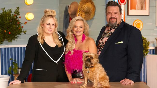 Pooch Perfect host Rebel Wilson with judges Amber Lewin and Colin Taylor, and 'co-host' Russell the Brussel. PIcture: Supplied