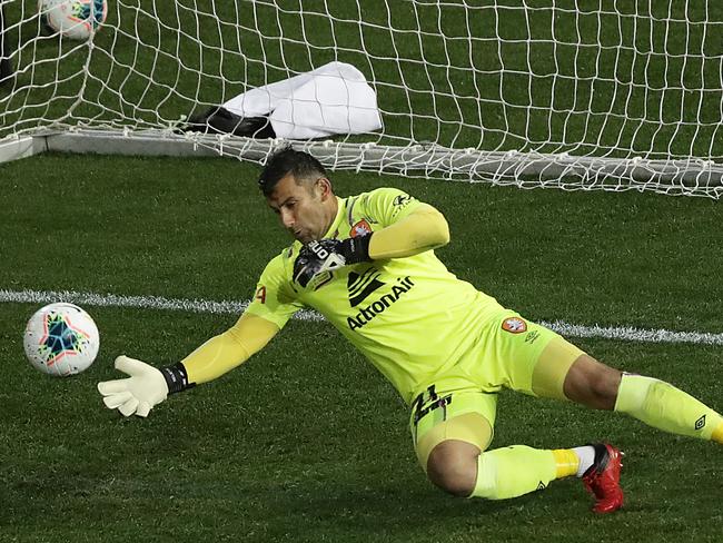 NEWCASTLE, AUSTRALIA - AUGUST 10: Jamie Young of the Roar makes a save during the round 25 A-League match between the Brisbane Roar and Sydney FC at McDonald Jones Stadium on August 10, 2020 in Newcastle, Australia. (Photo by Mark Metcalfe/Getty Images)
