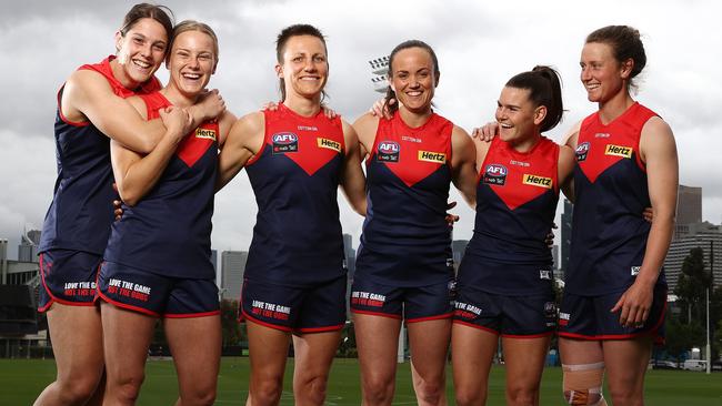 The OGs: Melbourne’s six foundation players Lauren Pearce, Sarah Lampard, Karen Paxman, Daisy Pearce, Lily Mithen and Shelley Scott. Picture: Michael Klein