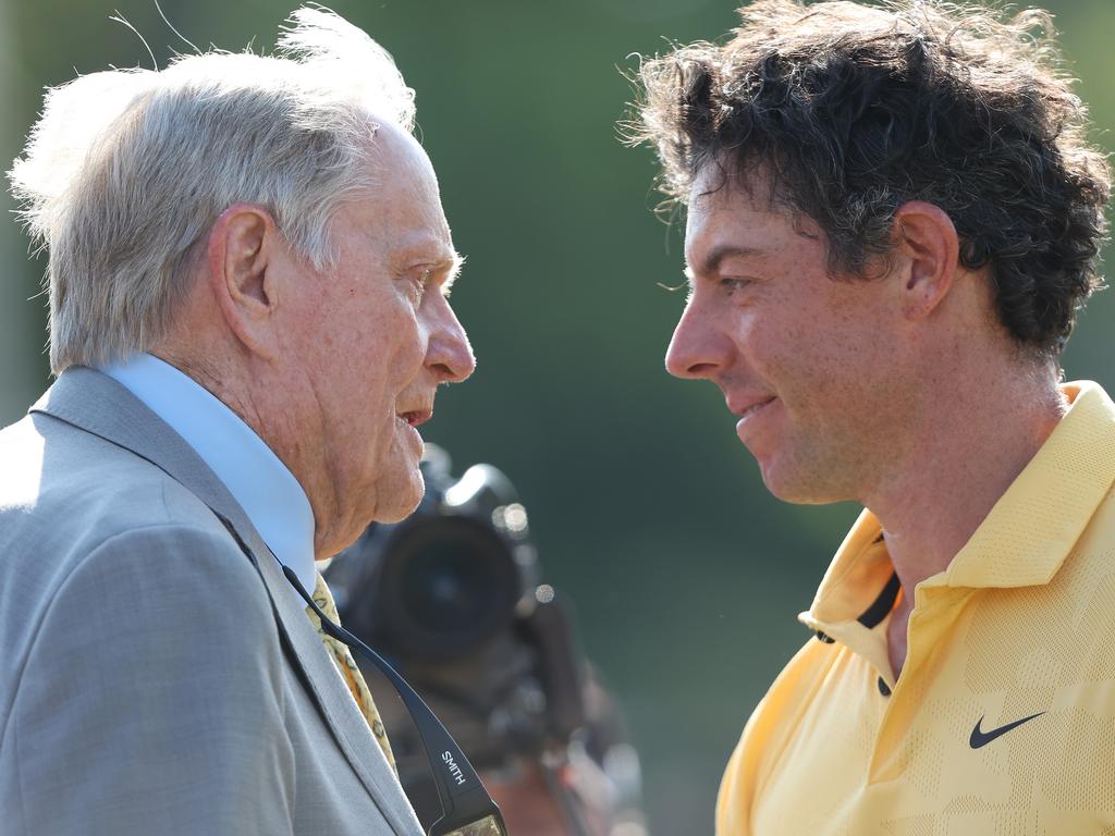 McIlroy interacts with Nicklaus at the 2023 Memorial Tournament. Picture: Jorge Lemus/NurPhoto via Getty Images