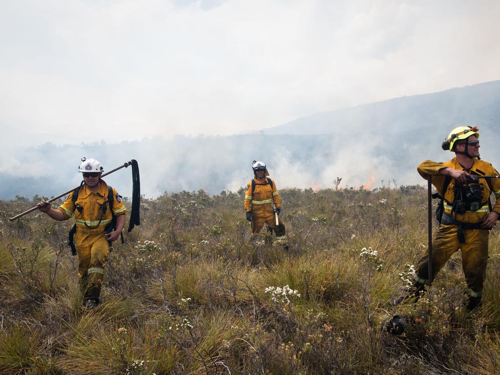 Tasmania Fire Service firefighters at the Gell River fire. Picture: WARREN FREY/TASMANIA FIRE SERVICE