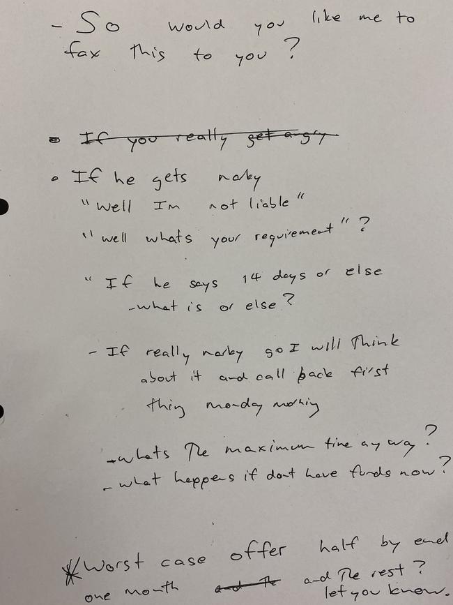 Handwritten notes tendered during the ATO tax fraud case of Todd Ryan and Amy Hill.