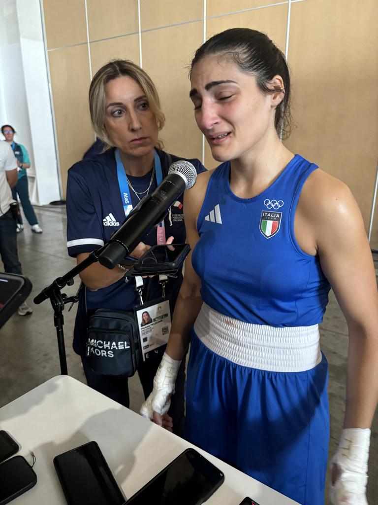 Angela Carini of Team Italy reacts after abandoning the Women's 66kg preliminary round match against Imane Khelif of Team Algeria in the first round on day six of the Olympic Games Paris 2024. Picture: X