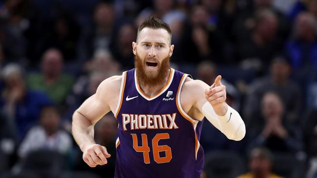 SAN FRANCISCO, CALIFORNIA - OCTOBER 30:  Aron Baynes #46 of the Phoenix Suns reacts after making a basket against the Golden State Warriors at Chase Center on October 30, 2019 in San Francisco, California.  NOTE TO USER: User expressly acknowledges and agrees that, by downloading and or using this photograph, User is consenting to the terms and conditions of the Getty Images License Agreement. (Photo by Ezra Shaw/Getty Images)