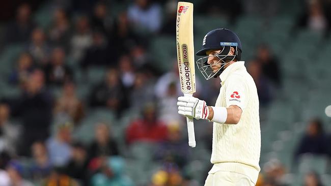 England captain Joe Root celebrates his half century at Adelaide Oval.