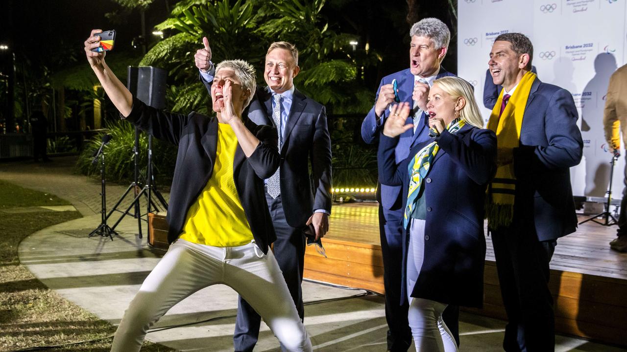 Olympian Natalie Cook sending a video message to the Premier with Steven Miles, Stirling Hinchliffe, Krista Adams and Cameron Dick at South Bank. Picture: Richard Walker