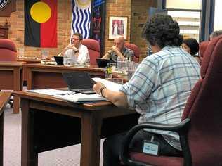 HEATED DEBATE: At the Lismore City Council's councillor briefing on the community response of he proposed SRV, Cr Gianpiero Battista (second from left) walked out of the chamber. Picture: Alison Paterson