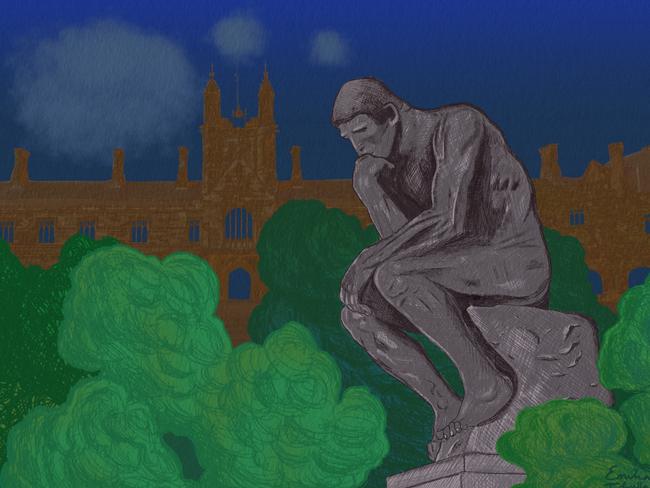 28 June 2024; artwork of the University of Sydney behind the statue of The Thinker by Auguste Rodin in a park. Artwork by Emilia Tortorella. PRINT VERSION.