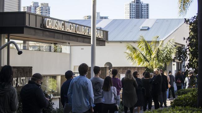 Pop up COVID-19 testing set up near Cruising Yacht Club of Australia at Rushcutters Bay today. Picture: Dylan Robinson