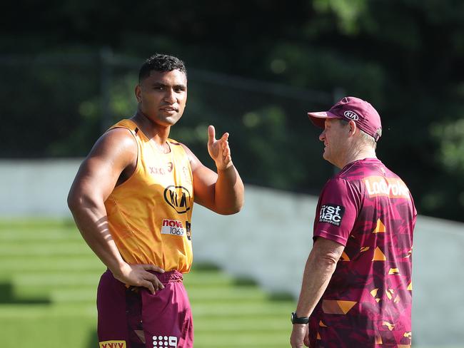 Tevita Pangai Jr. talking with coach Kevin Walters, Brisbane Broncos training, Red Hill. Photographer: Liam Kidston.