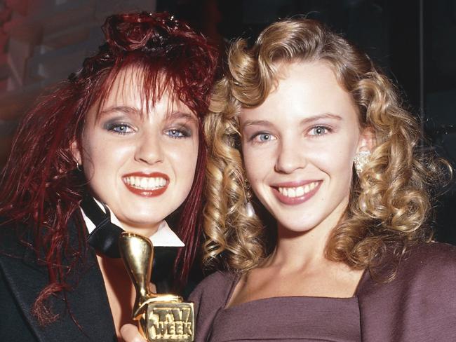 Support ... Dannii Minogue with sister Kylie after she won the Gold Logie in 1988. Picture: Supplied.