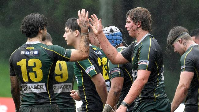 West's players celebrate a try Rugby colts 1 West's vs Bond Uni in Toowong. Saturday May 14, 2022. Picture, John Gass